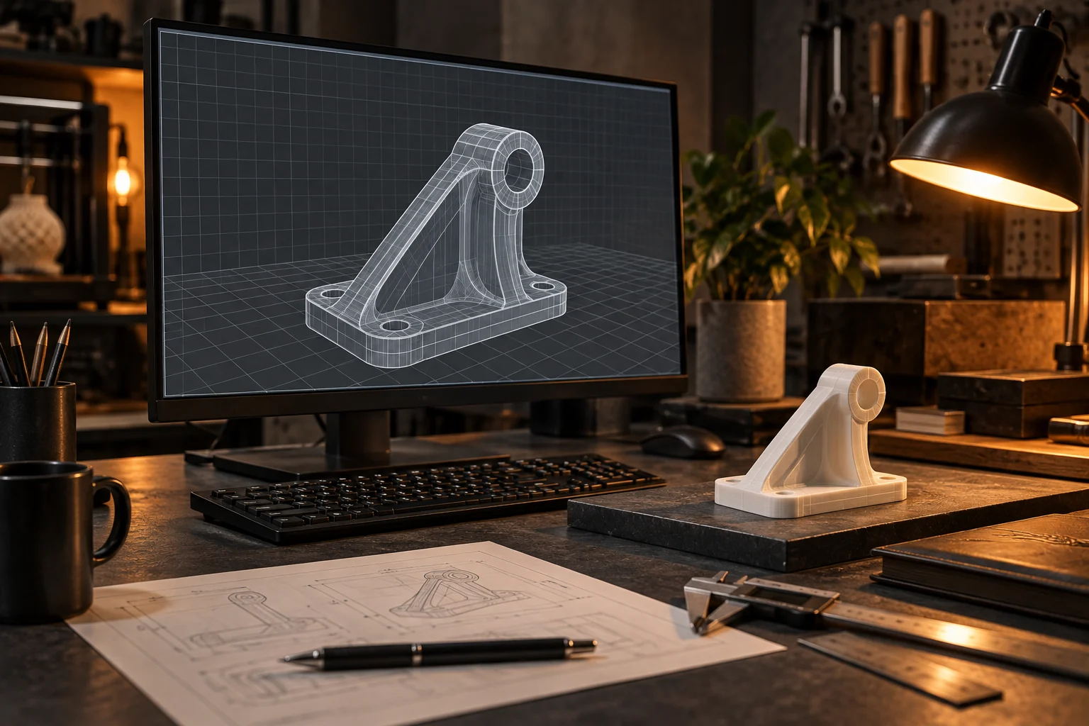 3D-модель детали на экране и напечатанный образец