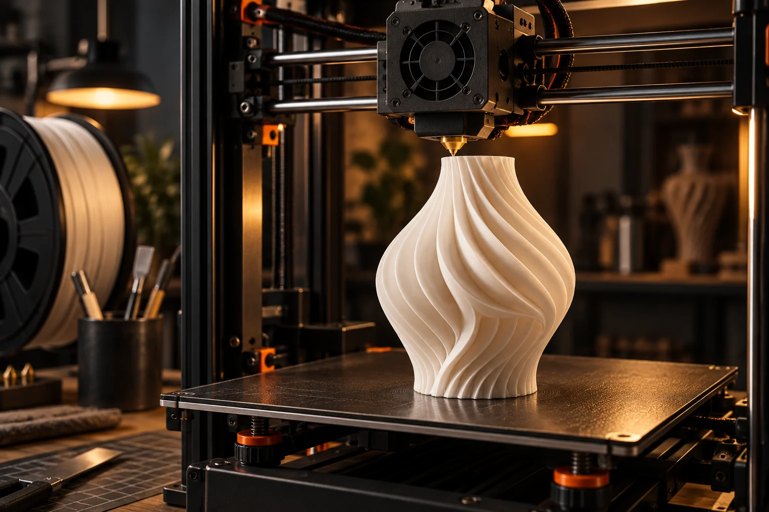 3D-принтер изготавливает белую вазу
